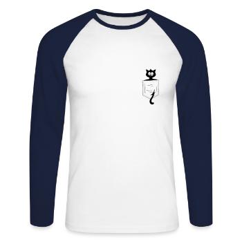 Black cat in breast pocket - Unisex Long Sleeve Baseball T-Shirt - white/navy - Front - Nik (191cm)