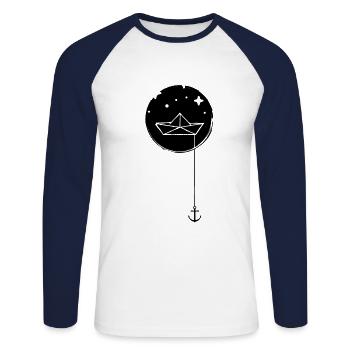 Bateau en papier avec ancre dans la mer - T-shirt baseball manches longues Homme - blanc/marine - Devant - Nik (191cm)