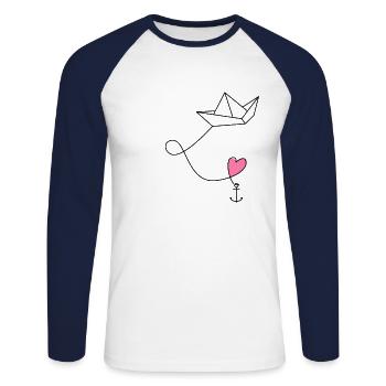 Bateau en papier avec ancre dans la mer - T-shirt baseball manches longues Homme - blanc/marine - Devant - Nik (191cm)