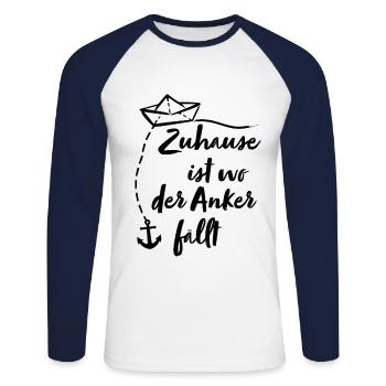 Papierschiff Zuhause ist wo der Anker fällt - Unisex Baseballshirt langarm - Weiß/Navy - Vorne - Nik (191cm)
