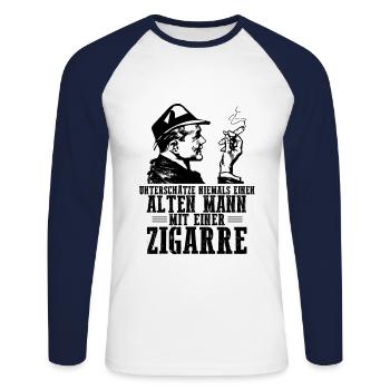 Unterschätze niemals einen alten Mann Zigarre - Unisex Baseballshirt langarm - Weiß/Navy - Vorne - Nik (191cm)