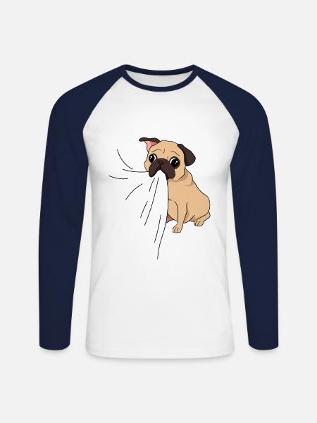 Mops Hund beißt in T-Shirt Hungriger Mops frisst - Unisex Baseballshirt langarm - Weiß/Navy