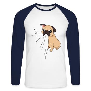 Morsures de carlin en t-shirt Le carlin affamé mange - T-shirt baseball manches longues Homme - blanc/marine - Devant - Nik (191cm)