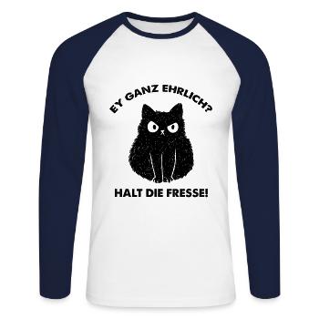 Ey ganz ehrlich? Halt die Fresse - Unisex Baseballshirt langarm - Weiß/Navy - Vorne - Nik (191cm)