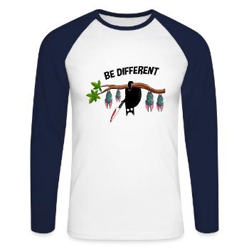 Drôle d’être différent Chat avec couteau - T-shirt baseball manches longues Homme - blanc/marine - Devant - Nik (191cm)