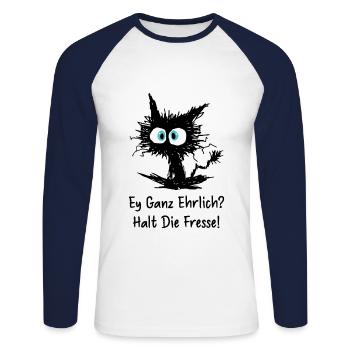 Ey ganz ehrlich? Halt die Fresse - Unisex Baseballshirt langarm - Weiß/Navy - Vorne - Nik (191cm)