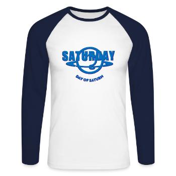 Samedi Samedi Semaine Bleu Saturne aspect usé - T-shirt baseball manches longues Homme - blanc/marine - Devant - Nik (191cm)