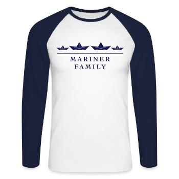 Mariner Family (Seefahrerfamilie / Schiffchen) - Unisex Baseballshirt langarm - Weiß/Navy - Vorne - Nik (191cm)