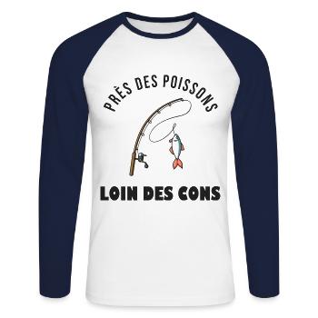 humour Pêche près des poissons loin des cons - T-shirt baseball manches longues Homme - blanc/marine - Devant - Nik (191cm)