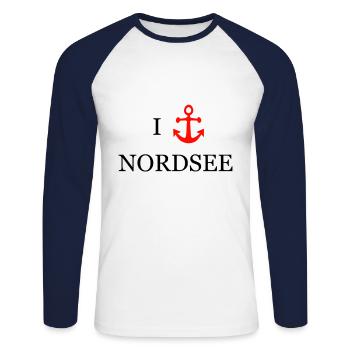 J'aime la mer du nord - T-shirt baseball manches longues Homme - blanc/marine - Devant - Nik (191cm)