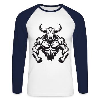 Bulle Stier Taurus Muskeln Workout Gym - Unisex Baseballshirt langarm - Weiß/Navy - Vorne - Nik (191cm)