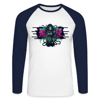 Cyberpunk Medusa – Neon Rebellion - Unisex Long Sleeve Baseball T-Shirt - white/navy - Front - Nik (191cm)