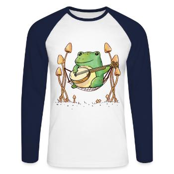 Grenouilles Hamac Guitare Musique - T-shirt baseball manches longues Homme - blanc/marine - Devant - Nik (191cm)
