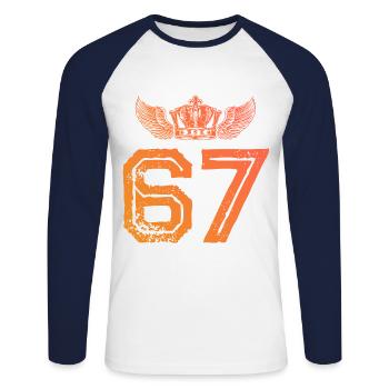 67 Zahl Krone - Unisex Baseballshirt langarm - Weiß/Navy - Vorne - Nik (191cm)