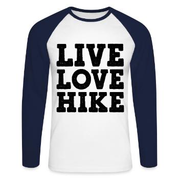 Live Love Hike Mountaineering Trekking Hiker Outdo - Unisex Baseballshirt langarm - Weiß/Navy - Vorne - Nik (191cm)