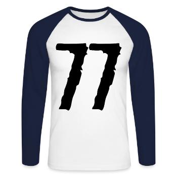 Maillot numéro 77 - T-shirt baseball manches longues Homme - blanc/marine - Devant - Nik (191cm)