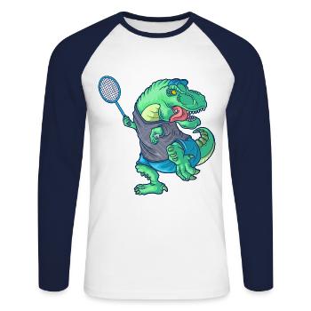Badminton Saurus Dinosaur T-Rex Badminton Racket - Unisex Long Sleeve Baseball T-Shirt - white/navy - Front - Nik (191cm)