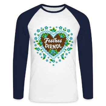 85 Lebkuchenherz Blumen Fesches Dirndl - Unisex Baseballshirt langarm - Weiß/Navy - Vorne - Nik (191cm)