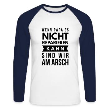 Papa kann alles Spruch Tshirt Geschenk - Unisex Baseballshirt langarm - Weiß/Navy - Vorne - Nik (191cm)