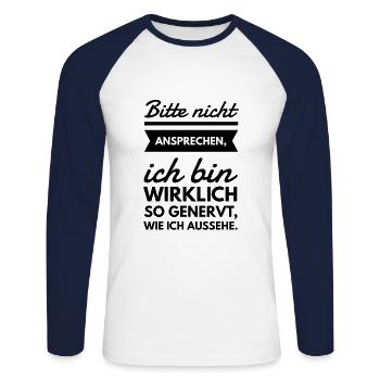 Bitte nicht ansprechen Spruch Tshirt - Unisex Baseballshirt langarm - Weiß/Navy - Vorne - Nik (191cm)