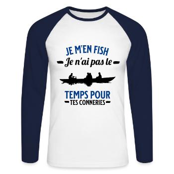 je m'en fish je ai pas le temps pour tes conneries - T-shirt baseball manches longues Homme - blanc/marine - Devant - Nik (191cm)