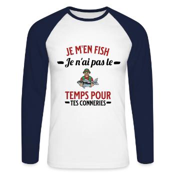 je m'en fish je ai pas le temps pour tes conneries - T-shirt baseball manches longues Homme - blanc/marine - Devant - Nik (191cm)