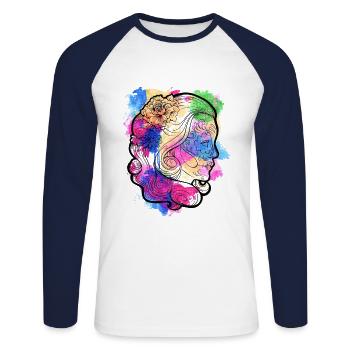 Ein Schönes und Lustiges Aquarell Calavera Design - Unisex Baseballshirt langarm - Weiß/Navy - Vorne - Nik (191cm)