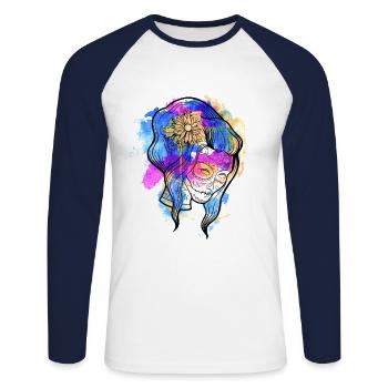 Ein Schönes und Lustiges Aquarell Calavera Design - Unisex Baseballshirt langarm - Weiß/Navy - Vorne - Nik (191cm)