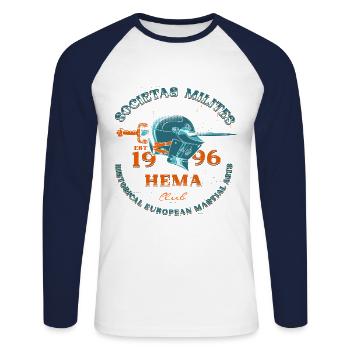 Societas Milites 1996 mit römischen Waffen - Unisex Baseballshirt langarm - Weiß/Navy - Vorne - Nik (191cm)