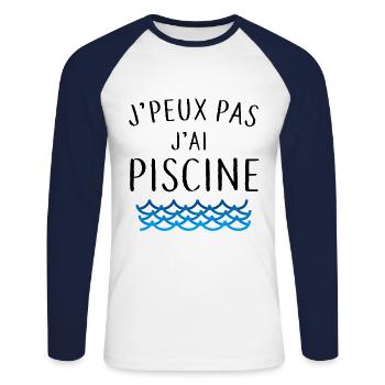 J'peux pas j'ai piscine - T-shirt baseball manches longues Homme - blanc/marine - Devant - Nik (191cm)