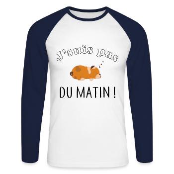 J'suis pas du matin - T-shirt baseball manches longues Homme - blanc/marine - Devant - Nik (191cm)
