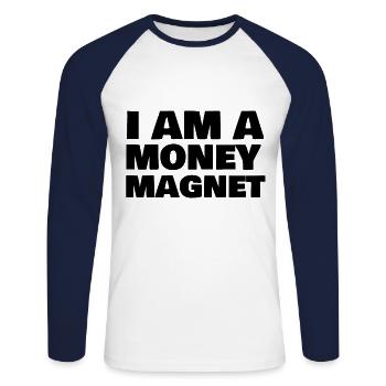 Money Magnet - Unisex Baseballshirt langarm - Weiß/Navy - Vorne - Nik (191cm)