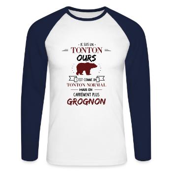 Tonton ours - T-shirt baseball manches longues Homme - blanc/marine - Devant - Nik (191cm)