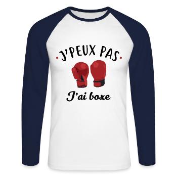 J'peux pas j'ai boxe - T-shirt baseball manches longues Homme - blanc/marine - Devant - Nik (191cm)