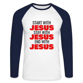 START WITH JESUS STAY WITH JESUS END WITH JESUS - Unisex Baseballshirt langarm - Weiß/Navy - Vorne - Nik (191cm)