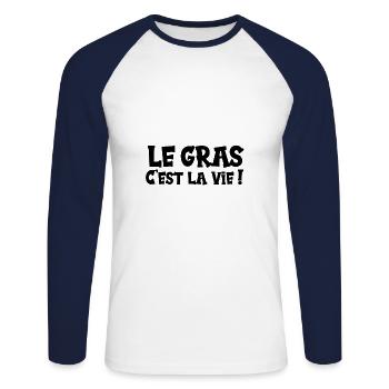Le gras c'est la vie ! - T-shirt baseball manches longues Homme - blanc/marine - Devant - Nik (191cm)