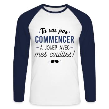 Tu vas pas commencer - T-shirt baseball manches longues Homme - blanc/marine - Devant - Nik (191cm)