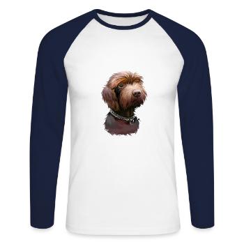 Pudelpointer Hund Aquarell Illustration - Unisex Baseballshirt langarm - Weiß/Navy - Vorne - Nik (191cm)