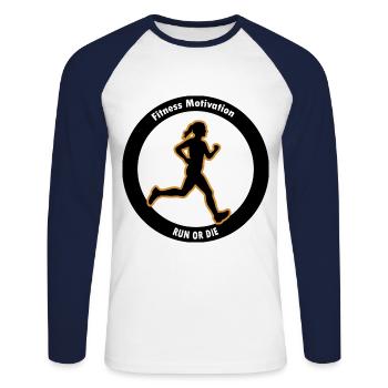 Fitness Motivation. Lauf oder Stirb - Unisex Baseballshirt langarm - Weiß/Navy - Vorne - Nik (191cm)