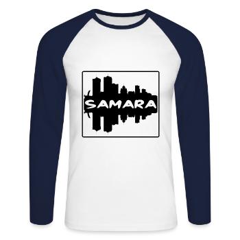 Samara Russie Skyline Silhouette Souvenir de voyage - T-shirt baseball manches longues Homme - blanc/marine - Devant - Nik (191cm)