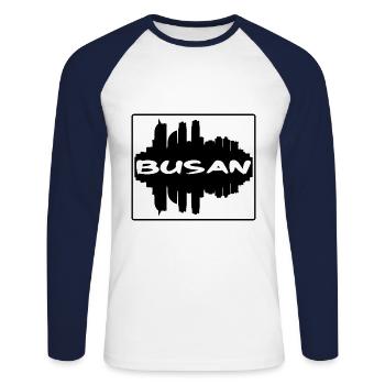 Busan Corée du Sud Skyline Silhouette Travel Souven - T-shirt baseball manches longues Homme - blanc/marine - Devant - Nik (191cm)