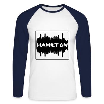 Hamilton Canada Skyline Silhouette Travel Souvenir - Unisex Long Sleeve Baseball T-Shirt - white/navy - Front - Nik (191cm)