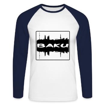 Baku Azerbaijan Skyline Silhouette Travel Souvenir - Unisex Long Sleeve Baseball T-Shirt - white/navy - Front - Nik (191cm)