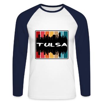Tulsa Oklahoma États-Unis Skyline Silhouette Souve de voyage - T-shirt baseball manches longues Homme - blanc/marine - Devant - Nik (191cm)