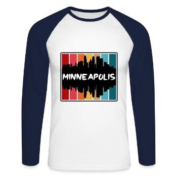 Minneapolis Minnesota États-Unis Skyline Silhouette Trave - T-shirt baseball manches longues Homme - blanc/marine - Devant - Nik (191cm)