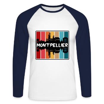 Montpellier France Skyline Silhouette Travel Souve - T-shirt baseball manches longues Homme - blanc/marine - Devant - Nik (191cm)