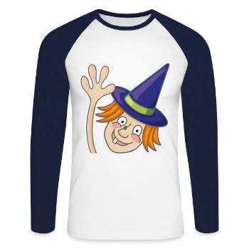 waving witch with orange hair and purple witch hat - Unisex Long Sleeve Baseball T-Shirt - white/navy - Front - Nik (191cm)
