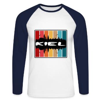 Kiel Germany Skyline Silhouette Travel Souvenir - Unisex Long Sleeve Baseball T-Shirt - white/navy - Front - Nik (191cm)
