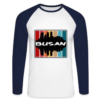 Busan Corée du Sud Skyline Silhouette Travel Souven - T-shirt baseball manches longues Homme - blanc/marine - Devant - Nik (191cm)