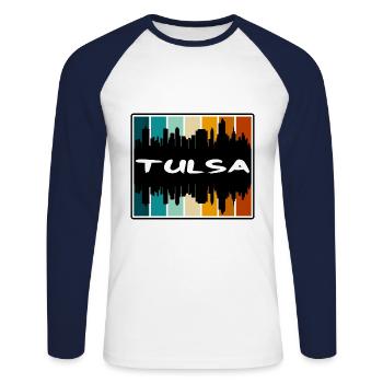 Tulsa Oklahoma États-Unis Skyline Silhouette Souve de voyage - T-shirt baseball manches longues Homme - blanc/marine - Devant - Nik (191cm)